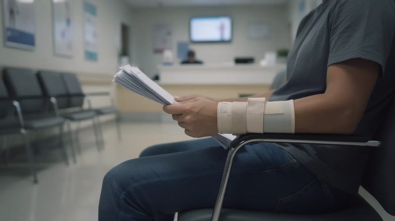 Pedestrian Hit by Car in Utah- What to Do #2 A person is seated in a hospital waiting area, holding paperwork and wearing a visible wrist brace, suggesting they may be a pedestrian accident victim seeking medical treatment for their injuries. The setting reflects the stress and concern often associated with personal injury claims and medical expenses following an accident.