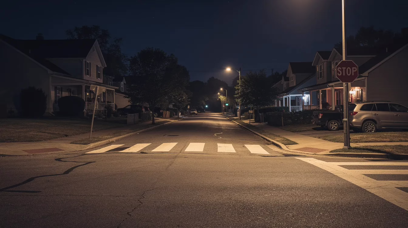 Pedestrian Hit by Car in Utah- What to Do #3 The image depicts a quiet residential intersection at night, where streetlights illuminate a crosswalk and a stop sign, creating a serene yet potentially hazardous environment for pedestrians. This scene highlights the importance of pedestrian safety, especially in areas where accidents could occur, such as when a pedestrian is hit by a car.