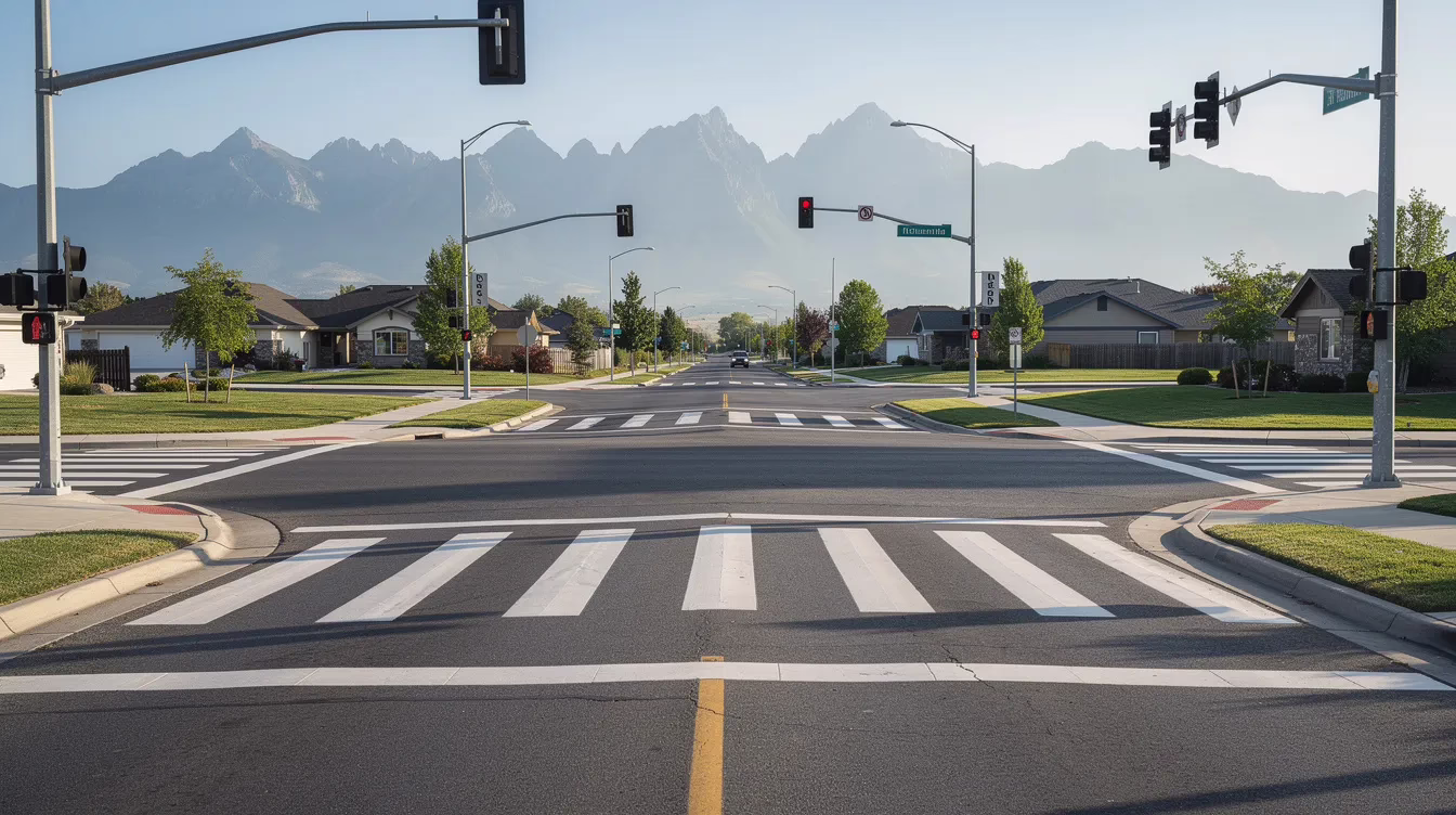 Provo Pedestrian Accident Lawyer and Utah County Lawyers #1 The image depicts a tranquil crosswalk at a spacious suburban intersection, framed by distant mountains. This scene highlights the importance of pedestrian safety, as many pedestrian accidents occur in such areas, emphasizing the need for awareness and adherence to traffic laws.