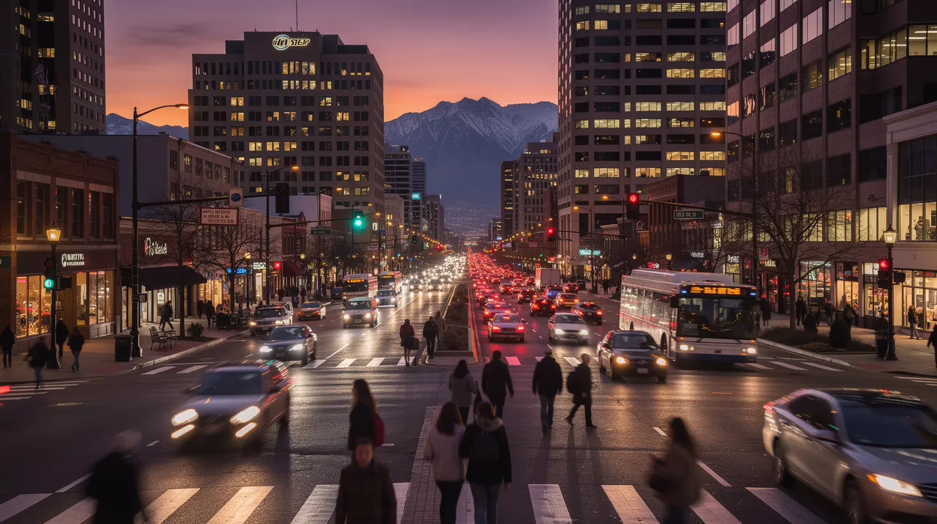 The image depicts a busy downtown Salt Lake City intersection at dusk, with vehicle headlights illuminating the crosswalks as pedestrians navigate the area. This scene highlights the potential dangers of drunk driving accidents, emphasizing the importance of legal assistance for victims of such incidents.