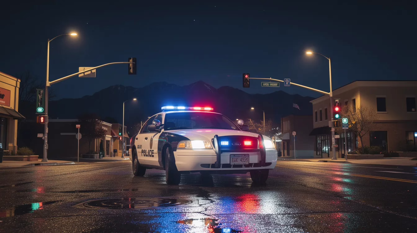 A police car with its emergency lights flashing is parked on a Salt Lake City street at night, indicating a scene related to a serious car accident, possibly involving a drunk driver. The presence of law enforcement suggests that they are managing the aftermath of a potentially traumatic incident, which may involve drunk driving accident victims and the legal implications surrounding the case.