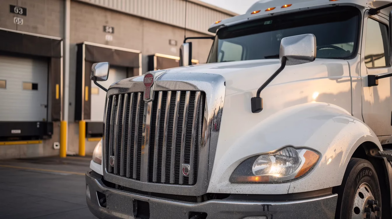 Salt Lake City truck accident lawyer 2 The image shows a close-up view of a large semi truck's front grille and cab, parked at a freight loading dock, highlighting the commercial vehicle's robust design. This scene is significant as it relates to truck accident cases, where the involvement of trucking companies and truck drivers can lead to serious injuries and complex legal matters for accident victims.