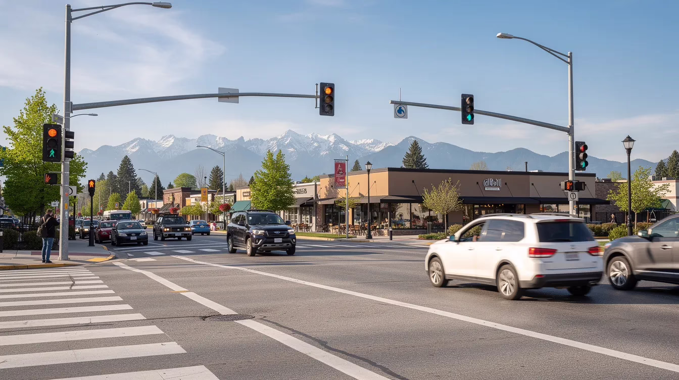 The image depicts a busy suburban intersection featuring a crosswalk, with mountains visible in the background. This scene highlights the importance of traffic laws and pedestrian safety, as many pedestrian accidents can lead to serious injuries, necessitating the expertise of an experienced pedestrian accident lawyer for those affected.