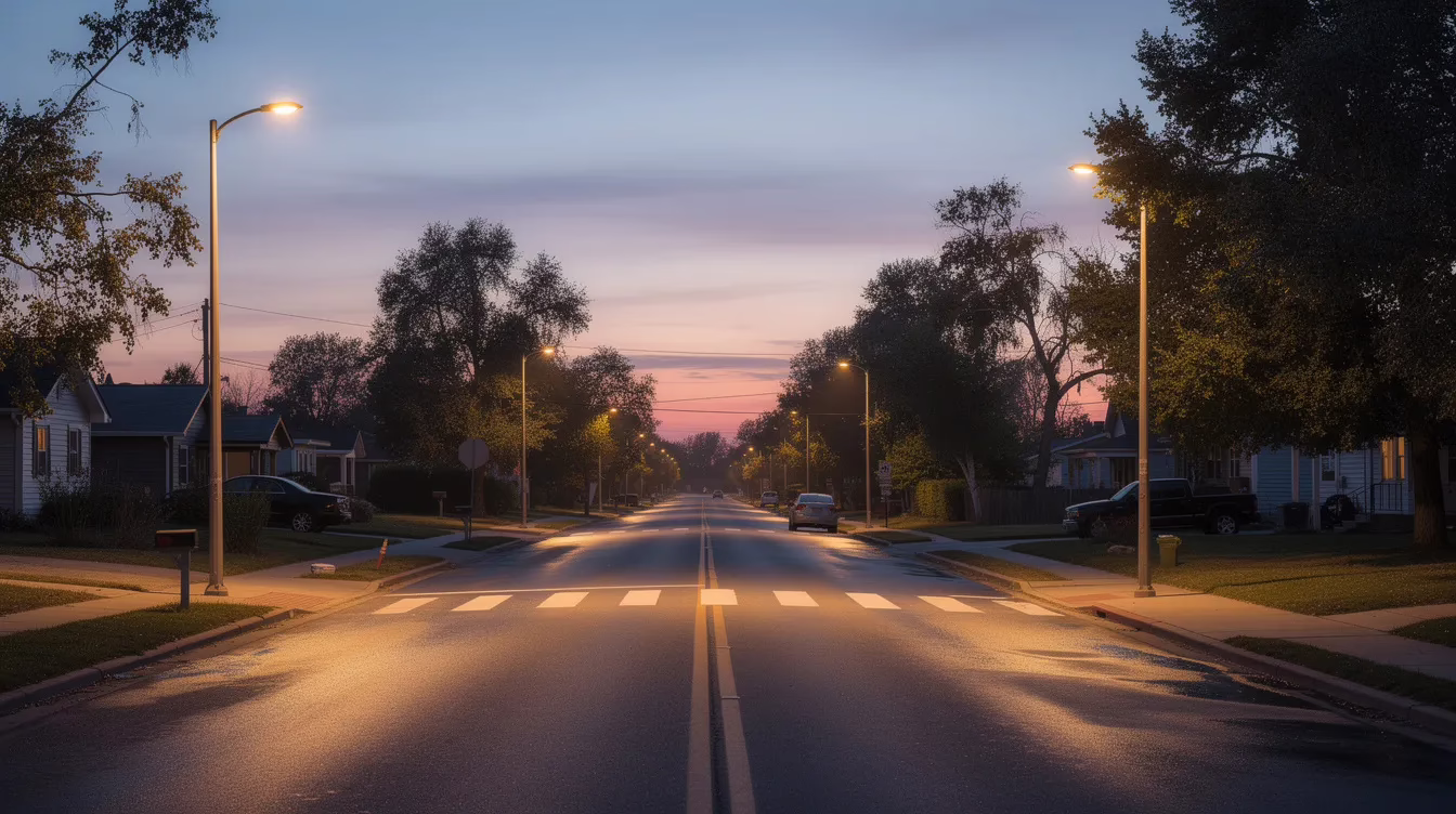 The image depicts a quiet suburban road at dusk, where streetlights softly illuminate a crosswalk, highlighting the potential dangers for pedestrians. This scene serves as a reminder of the importance of experienced pedestrian accident lawyers, as many pedestrian accidents can lead to serious injuries, necessitating legal representation for victims seeking fair compensation.
