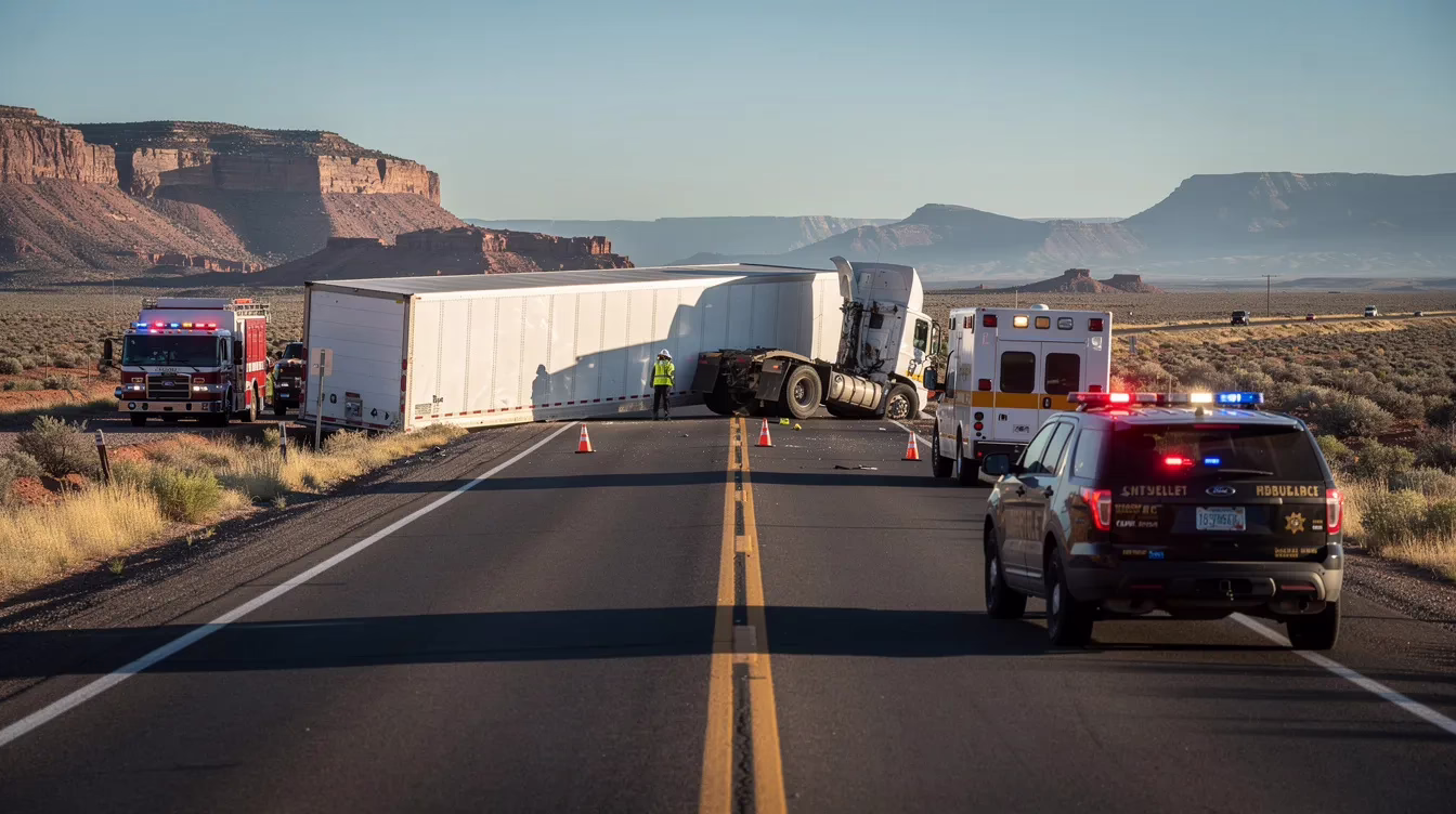An overturned semi truck lies on a rural Utah highway, surrounded by emergency vehicles responding to the scene of the truck accident. This incident may lead to truck accident claims involving serious injuries and medical expenses for the injured parties involved.