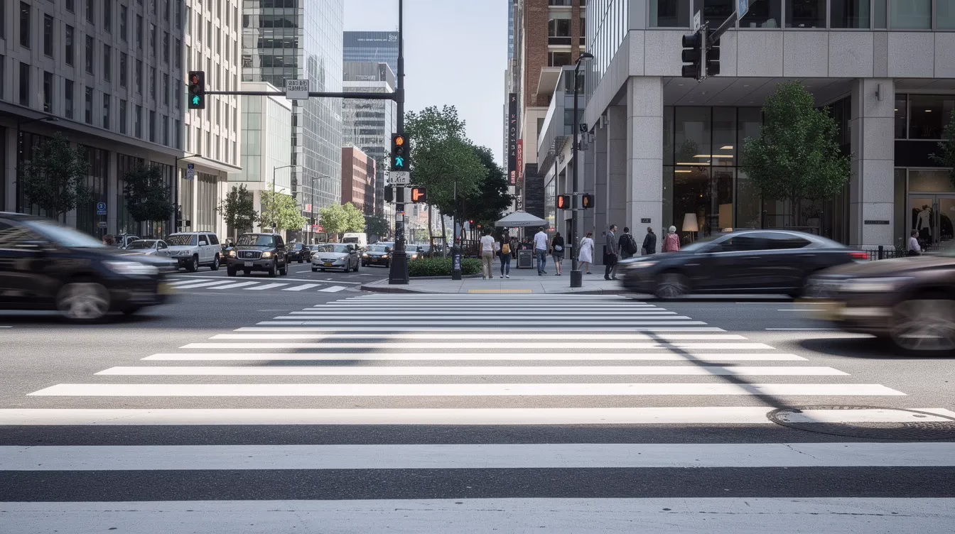 The image depicts a wide urban crosswalk at a busy intersection, clearly marked with white lines and featuring a pedestrian signal. This scene highlights the importance of pedestrian safety, as crosswalk accidents can lead to serious pedestrian accident injuries and may require the assistance of a pedestrian accident attorney for those affected.