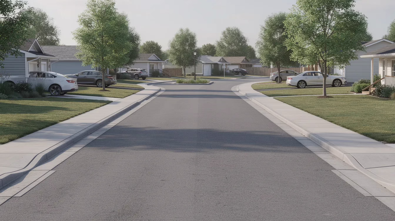 The image depicts a quiet residential intersection featuring sidewalks on both sides, but lacking painted crosswalk markings. This scene highlights the potential risks for pedestrian accidents, as the absence of marked crosswalks can lead to serious pedestrian injury claims in the event of a traffic crash.