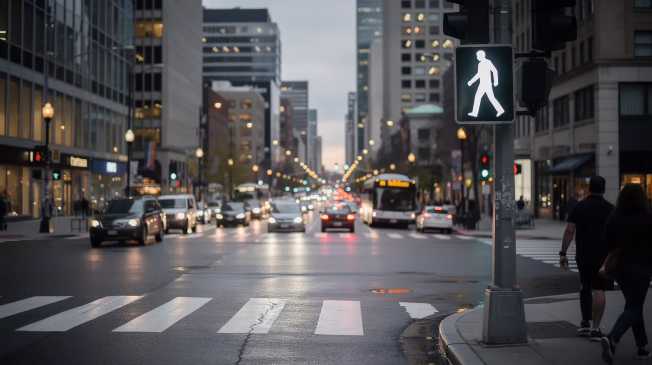 The image depicts a traffic signal at a busy city intersection, displaying a green pedestrian walk signal while vehicles wait patiently at the stop line. This scene highlights the importance of pedestrian safety and the potential risks of pedestrian accidents, emphasizing the need for awareness at crosswalks.