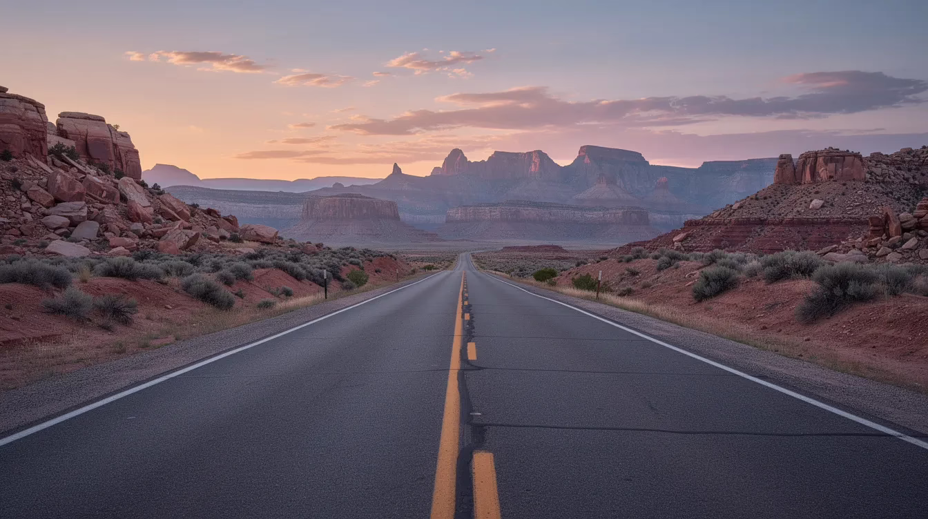The image depicts a tranquil Utah highway leading toward majestic mountains at dusk, highlighting the serene beauty of the landscape. This scene serves as a reminder of the importance of safe driving and the potential consequences of DUI offenses, including license suspension and penalties under Utah DUI laws.