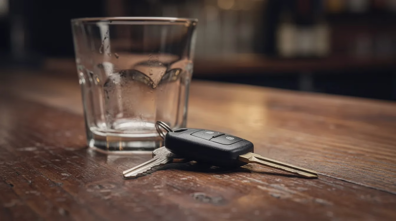 Utah DUI Laws 2 A close-up image shows a set of car keys resting on a wooden bar counter next to an empty glass, suggesting a recent drinking session. This scene may evoke thoughts about DUI laws and the importance of safe driving, particularly regarding the risks of impaired driving and the potential penalties under Utah DUI laws.