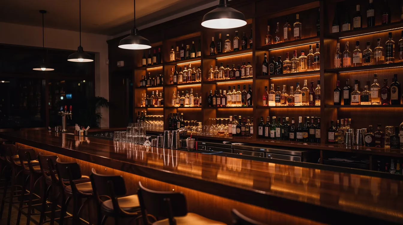 Utah DUI Laws 3 The image depicts an empty restaurant bar area featuring rows of bottles neatly arranged on shelves, illuminated by soft, dim lighting, creating a quiet and intimate atmosphere. This setting may evoke thoughts about the importance of responsible drinking and the implications of DUI laws, such as potential penalties and license suspensions in Utah.