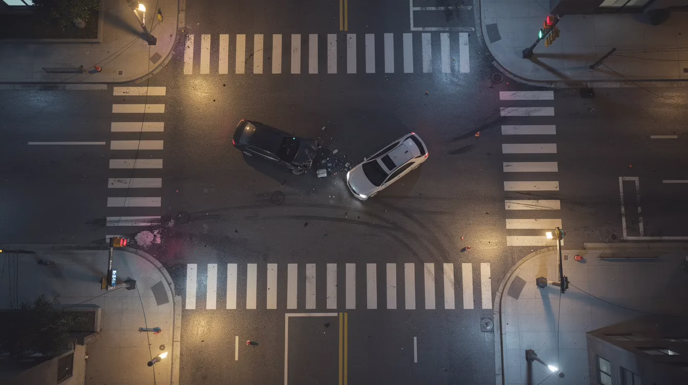 La imagen muestra una vista aérea de una colisión entre dos coches en un cruce bien iluminado durante la noche, en la que se aprecian las secuelas de un grave accidente de tráfico que podría estar relacionado con la conducción bajo los efectos del alcohol. Es probable que haya vehículos de emergencia y agentes de policía en el lugar, lo que indica la posibilidad de que haya heridos y la necesidad de que las víctimas afectadas cuenten con la representación legal de un abogado especializado en accidentes por conducción bajo los efectos del alcohol.