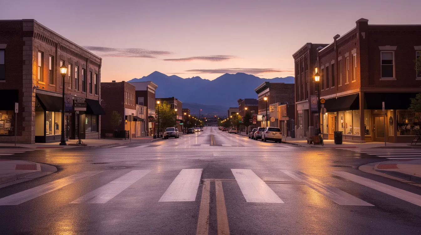 Un tranquilo paso de peatones urbano en una ciudad de Utah al atardecer, iluminado por las farolas, pone de relieve la importancia de la seguridad de los peatones en zonas donde pueden producirse accidentes que les afecten. El paso de peatones, claramente señalizado, sirve para recordar a los conductores que deben respetar las normas de tráfico y a los peatones que deben permanecer atentos para evitar lesiones graves.