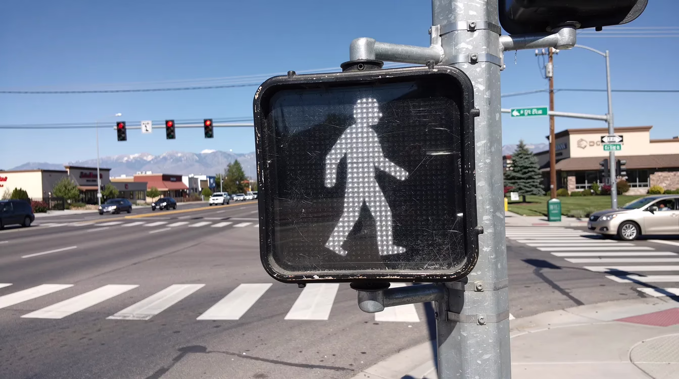 La imagen muestra un semáforo para peatones en un cruce muy transitado de Utah durante el día, con vehículos y peatones al fondo. Esta escena pone de relieve la importancia de la seguridad de los peatones y del cumplimiento de las normas de tráfico para prevenir accidentes y lesiones entre los peatones.