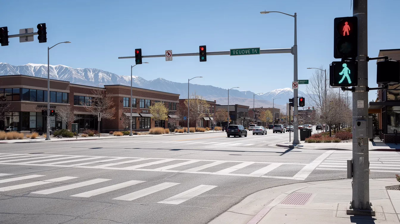 La imagen muestra un paso de peatones muy transitado en una ciudad de Utah, con un semáforo para peatones que indica cuándo es seguro cruzar. Esta escena pone de relieve la importancia de respetar las normas de tráfico para prevenir accidentes de peatones y garantizar la seguridad tanto de los peatones como de los conductores.