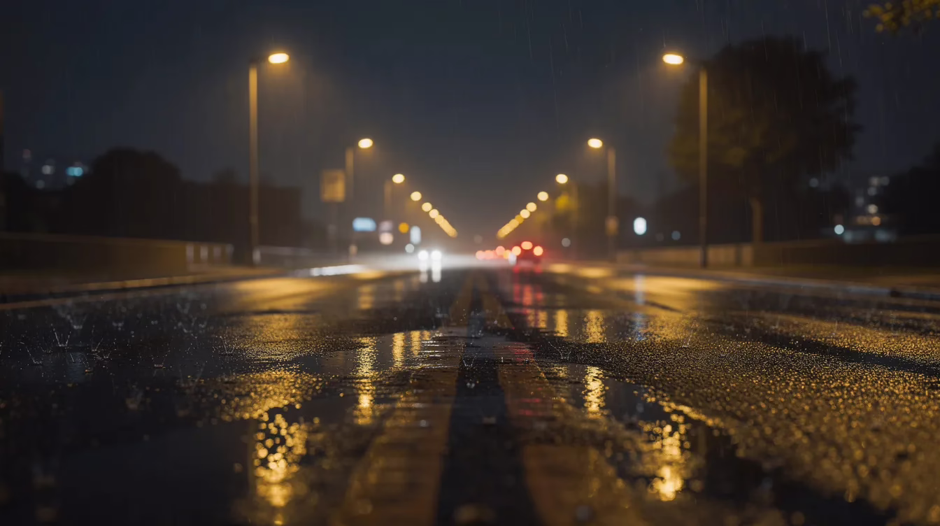 La imagen muestra una carretera bajo la lluvia por la noche, en la que las farolas proyectan reflejos sobre el asfalto mojado, creando un efecto centelleante. Esta escena pone de relieve la importancia de respetar las normas de tráfico y de prestar atención tanto a los peatones como a los vehículos, ya que la escasa visibilidad puede provocar accidentes con peatones.