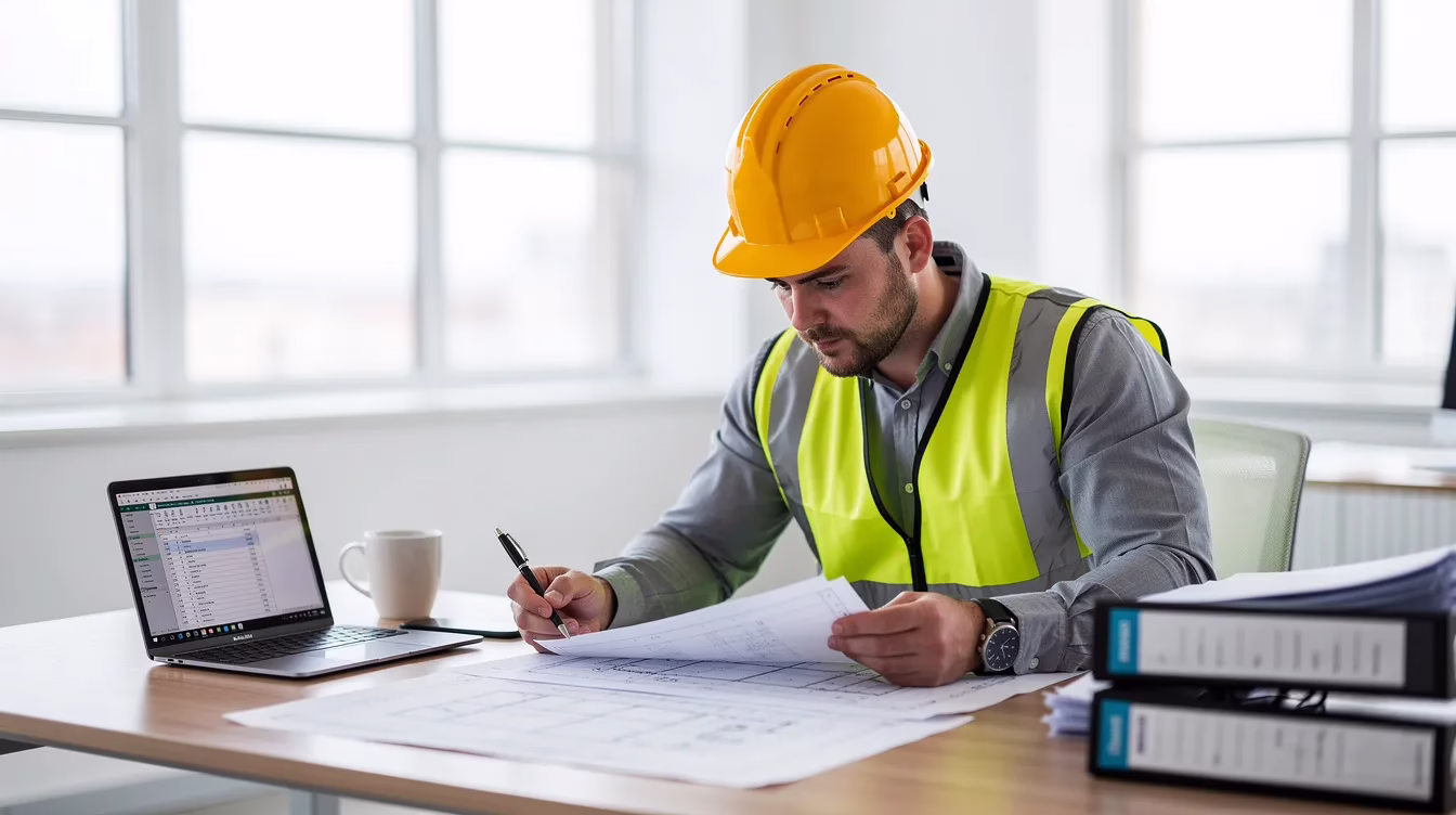 A worker wearing a hard hat is seated at a desk in a brightly lit office, reviewing paperwork related to workers compensation claims. The scene emphasizes the importance of documentation in managing work-related injuries and ensuring injured workers receive the necessary benefits and medical treatment.