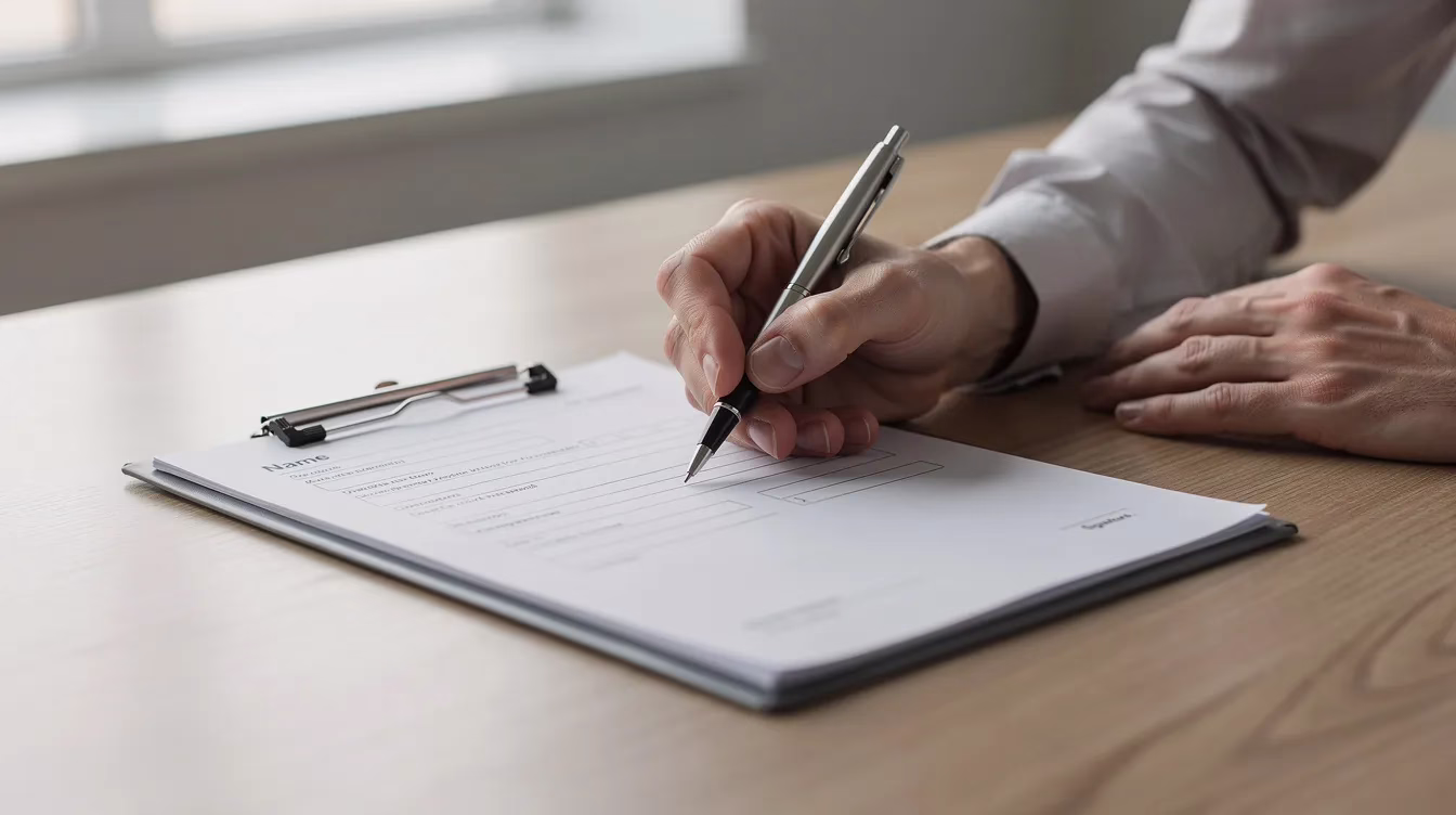 A close-up image shows hands filling out a workers compensation claim form on a clipboard at a desk, emphasizing the importance of documenting injuries or illnesses for injured workers seeking benefits. The setting suggests a focus on the claim process, highlighting the responsibilities of employees in reporting workplace accidents.