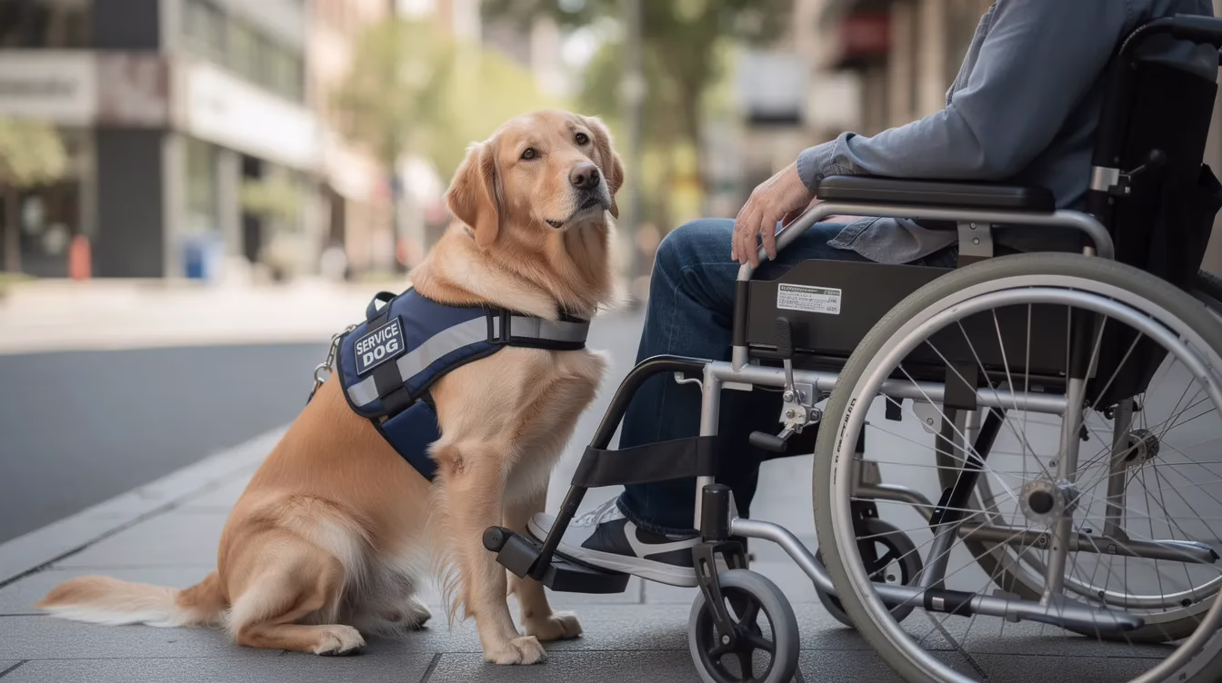 Un tranquilo golden retriever, que lleva un chaleco de perro de asistencia, está sentado junto a una persona en silla de ruedas en una acera, lo que pone de manifiesto el papel de apoyo que desempeñan los animales de asistencia bien adiestrados a la hora de ayudar a las personas con discapacidad. La escena destaca la importancia de los perros de asistencia adiestrados en la vida pública, ya que proporcionan compañía y ayuda a quienes la necesitan.