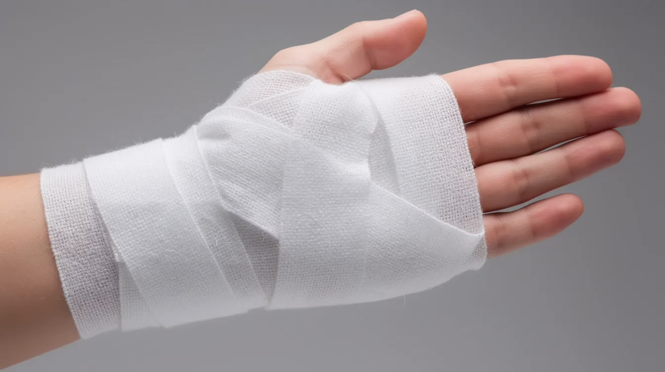 Primer plano de una venda blanca y limpia envuelta alrededor de la mano de una persona, lo que indica una posible herida por mordedura de perro, sobre un fondo neutro. Esta imagen destaca la importancia de acudir al médico en caso de mordeduras de animales para reducir el riesgo de infección y garantizar un tratamiento adecuado.