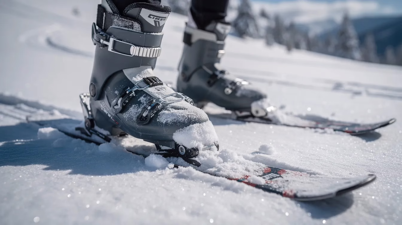 a7a548f7-104d-4e3c-be6a-2e355bf1333c Una imagen en primer plano de unas botas de esquí bien sujetas a las fijaciones en una pista nevada, en la que se aprecia la nieve fresca que las rodea. Esta imagen pone de relieve los riesgos inherentes al esquí, deporte en el que los accidentes pueden provocar lesiones graves, lo que hace que la experiencia de un abogado especializado en accidentes de esquí sea esencial para las víctimas que buscan una indemnización.