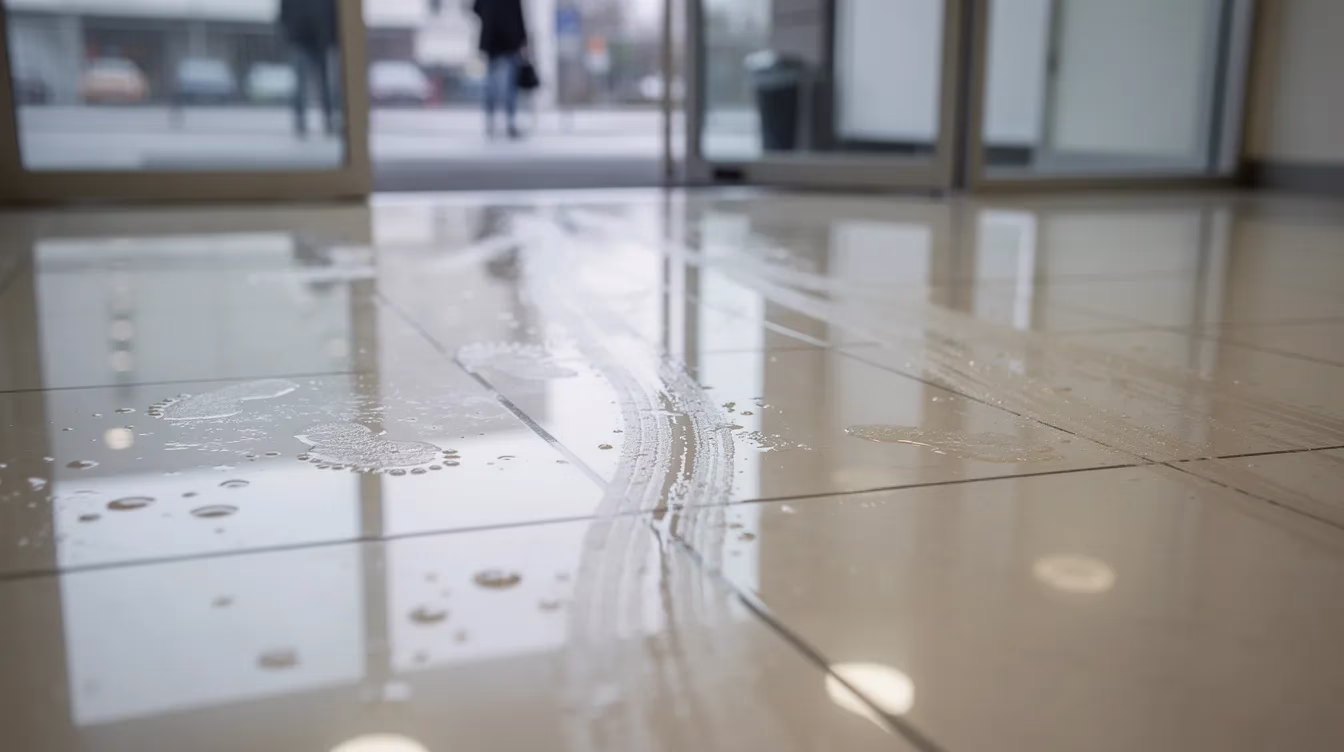 The image shows a close-up view of a wet floor near a building entrance, where water has been tracked in from outside, creating a potential hazard for slip and fall accidents. Property owners should ensure reasonable care to warn visitors about such dangers to prevent personal injury claims.