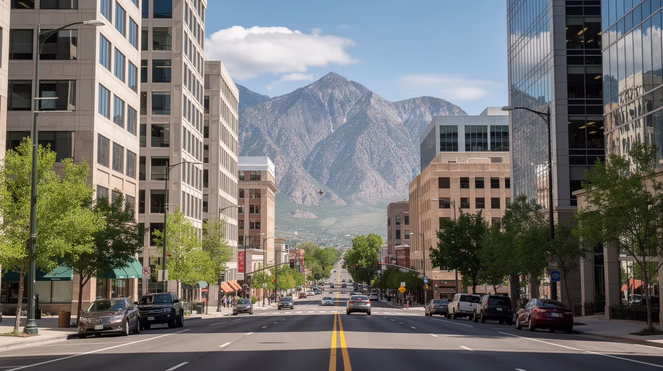 The image depicts a bustling Salt Lake City street lined with modern office buildings, while majestic mountains rise in the background. This vibrant urban scene captures the essence of city life, where residents and visitors navigate the streets, possibly reflecting on the importance of seeking legal support from dog bite lawyers in case of dog bite incidents or injuries.