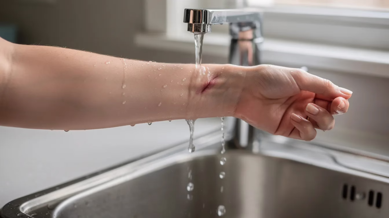 Una persona se está enjuagando con cuidado una herida leve en el antebrazo bajo el agua corriente del fregadero de la cocina, mostrando así cómo se aplican los primeros auxilios inmediatos para reducir el riesgo de infección. Es importante lavar bien la herida y acudir al médico si hay signos de infección o si la lesión ha sido causada por la mordedura de un perro.