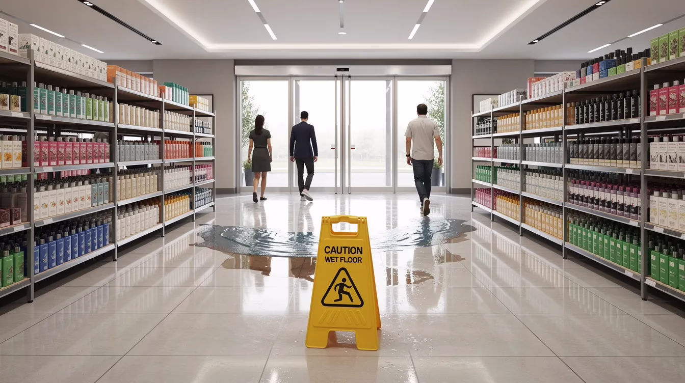 La imagen muestra el interior de una tienda, cerca de la entrada, donde se ve claramente un cartel de «suelo mojado» que advierte de un posible riesgo de resbalones y caídas. Esta escena pone de relieve la importancia de la seguridad de los clientes, ya que los accidentes por resbalones y caídas pueden provocar lesiones graves y requerir la asistencia de un abogado especializado en daños personales para obtener una indemnización justa.