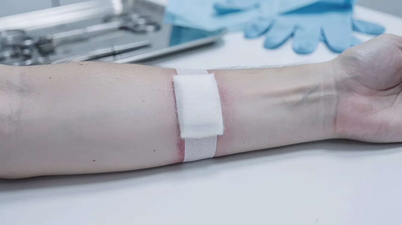 Una imagen en primer plano de una venda médica enrollada alrededor del antebrazo de una persona, con un fondo clínico como telón de fondo, sugiere las secuelas de una mordedura de perro. Esta imagen pone de relieve la importancia del tratamiento médico para las lesiones causadas por mordeduras de perro y las posibles opciones legales de que disponen las víctimas que solicitan una indemnización.