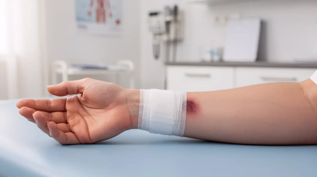 La imagen muestra un primer plano de la mano de una persona con una herida vendada en el antebrazo, en el entorno de una consulta médica. Esta representación puede estar relacionada con incidentes en los que se han producido mordeduras de perros de asistencia, lo que pone de relieve la importancia de la atención médica inmediata y las implicaciones legales que rodean a los casos de mordeduras de perro.