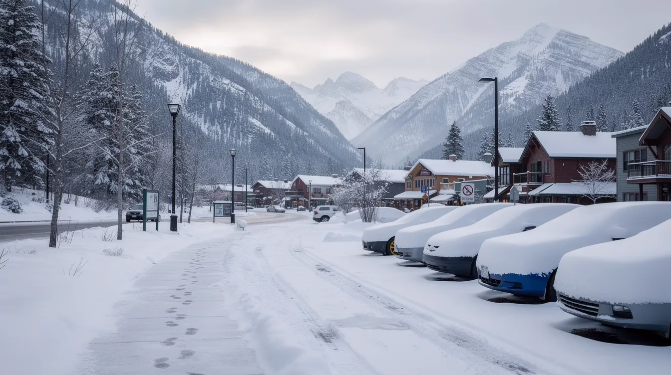 The image depicts a snowy sidewalk adjacent to a parking lot in a mountain valley town during winter, illustrating the potential hazards that could lead to slip and fall accidents. This scene emphasizes the importance of property owners maintaining safe conditions to prevent personal injury claims from accidents that may occur due to negligence.