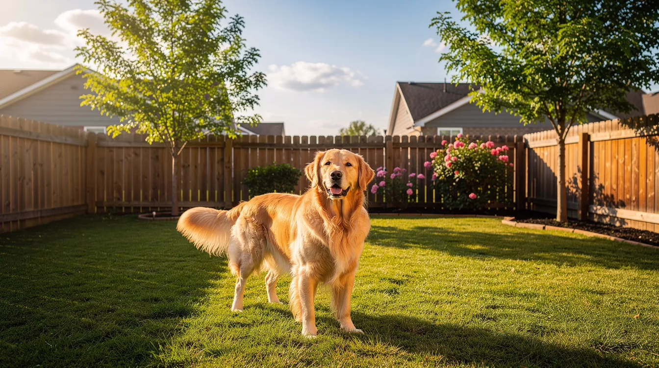 Un golden retriever permanece tranquilamente de pie en el jardín trasero vallado de una vivienda suburbana, disfrutando de la luz del sol en un día despejado. Esta escena apacible pone de relieve la importancia de tener un perro de forma responsable y la necesidad de conocer la legislación de Utah sobre mordeduras de perro para prevenir posibles lesiones por mordedura.