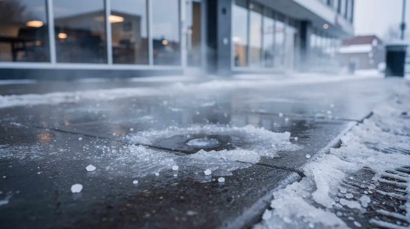 La imagen muestra una acera helada frente a un edificio comercial en invierno, con gránulos de sal esparcidos por la superficie para mitigar el peligro. Esta escena pone de relieve la responsabilidad del propietario de mantener un entorno seguro, ya que el incumplimiento de esta obligación podría dar lugar a reclamaciones por responsabilidad civil por las lesiones sufridas por personas que se encuentren en su propiedad.