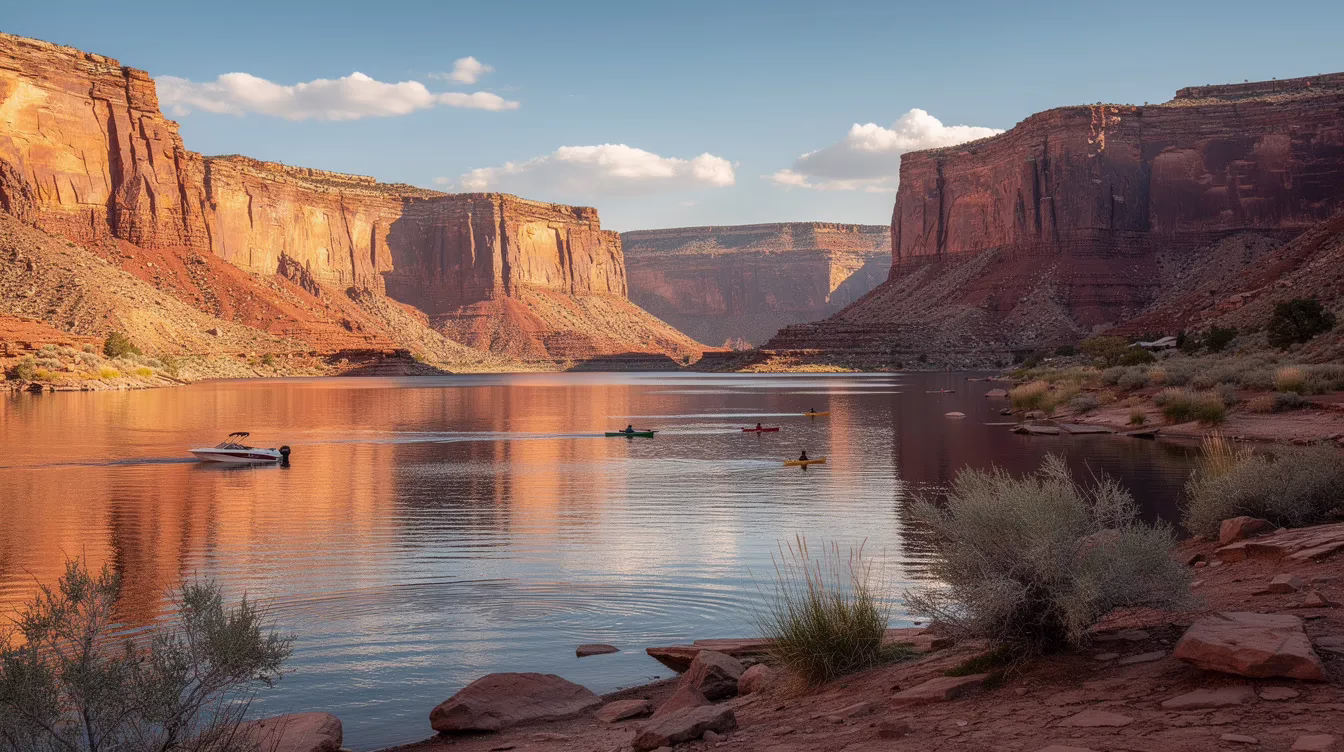 A serene lake in Utah is framed by striking red rock formations, with several recreational boats gently gliding across the water. This picturesque scene highlights the popular boating activities in the area, reminding boat operators to prioritize safety and adhere to boating regulations to prevent accidents and ensure an enjoyable experience.