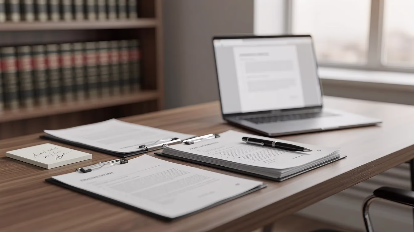 The image depicts a professional office setting featuring a desk with neatly organized legal documents and a laptop, suggesting a workspace where dog bite lawyers may prepare cases related to dog bite injuries and claims in Salt Lake City. The environment conveys a sense of seriousness and focus, essential for handling personal injury cases involving dog attacks and their emotional and physical impacts on victims.