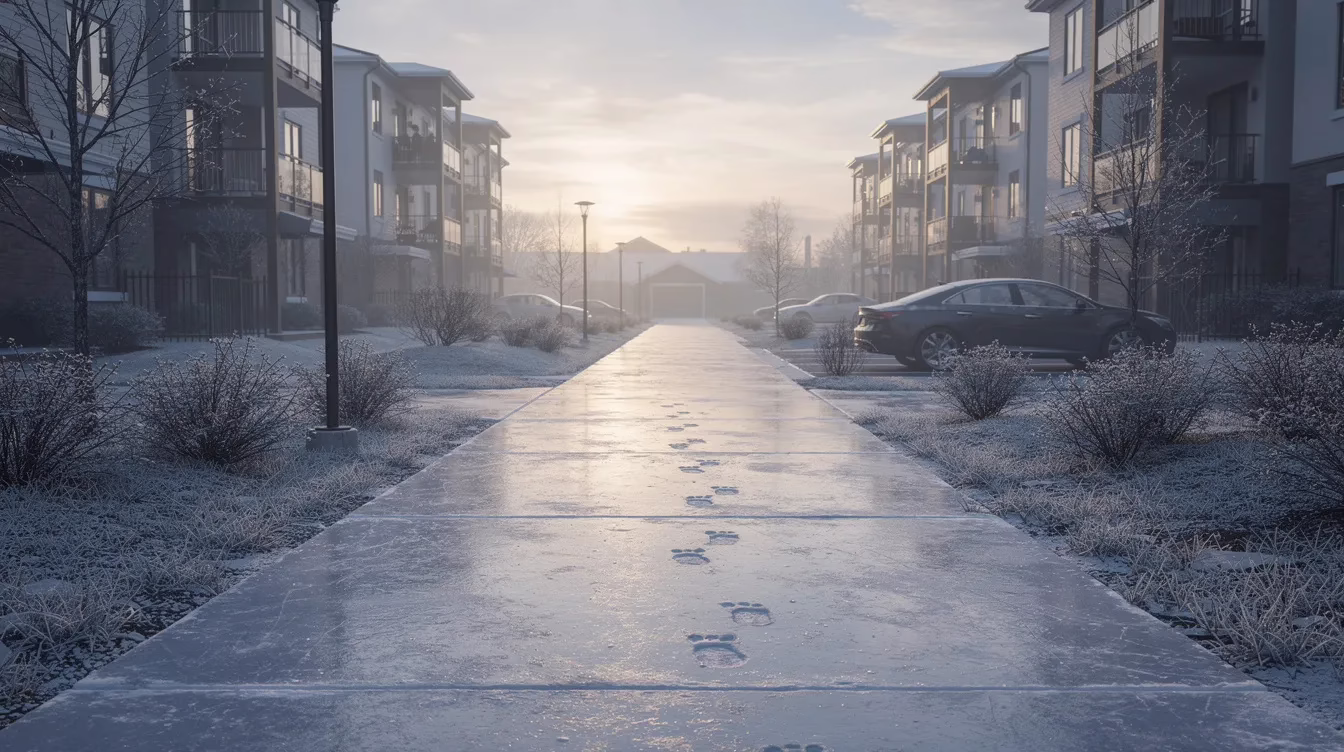 The image depicts an icy walkway situated between buildings in a residential complex, illuminated by the soft light of early morning. This scene highlights the potential hazards that can lead to slip and fall accidents, emphasizing the importance of property owners maintaining safe walkways to prevent personal injury claims.