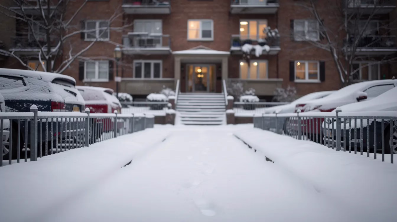 La imagen muestra una acera residencial cubierta de nieve con huellas bien definidas que conducen hacia las escaleras de un edificio de apartamentos, lo que sugiere un posible incidente de resbalón y caída. Estas condiciones pueden provocar lesiones graves, lo que pone de relieve la importancia de recurrir a la asistencia jurídica de un abogado especializado en lesiones personales en Salt Lake City para obtener una indemnización justa en los casos de lesiones personales.