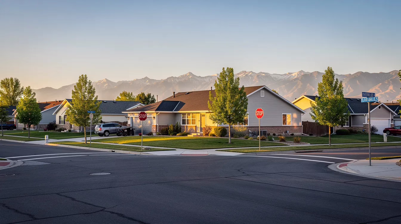 La imagen muestra un tranquilo cruce de calles en una zona residencial de las afueras de Utah, bañado por la suave luz de la madrugada. La escena transmite una atmósfera apacible, con viviendas bien cuidadas a ambos lados de la calle, lo que puede evocar una sensación de comunidad y seguridad, esencial para prevenir accidentes y reclamaciones por daños personales.